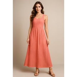 Liberty Love Dress Womens XL Coral Maxi Boho Eyelet Beach Coastal Sundress Vacay